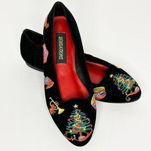 Black Velvet Christmas Embroidered Ballet Flat Shoes Women 7  Vintage 1990's